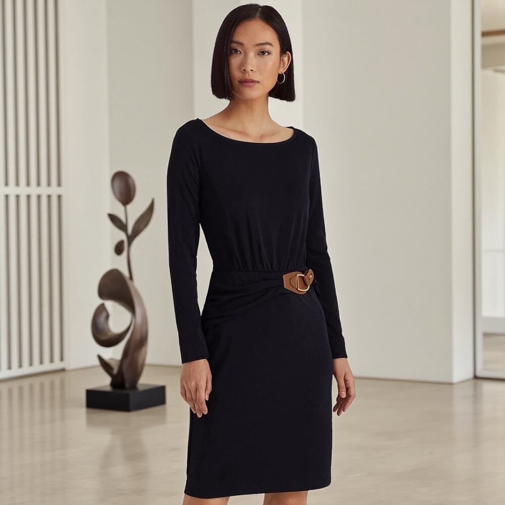 NWT Lauren Ralph Lauren Buckle Trim Stretch Jersey Navy Blue Dress 2 RP $179